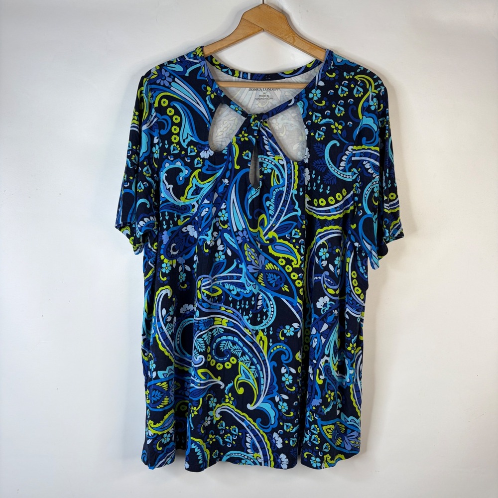 Jessica London Paisley Knit Top Women 1X Blue Green Cutout Keyhole Short Sleeve